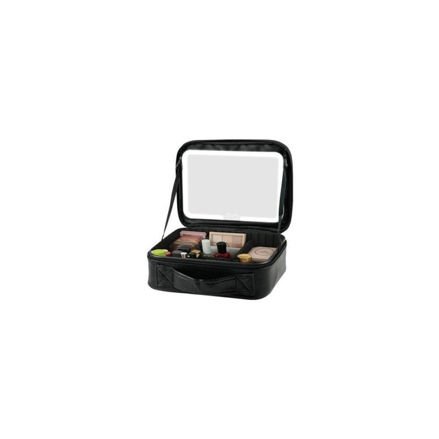 Necessaire Maquiagem Cosméticos Alça Espelho LED 12 Compartimentos Preto TOP RIO