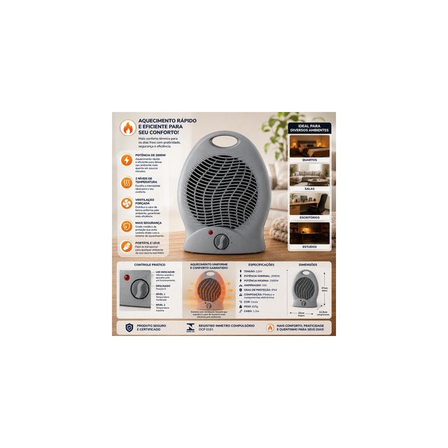 Aquecedor Elétrico Compacto 2000W 220V Aquecimento Rápido Potente Cinza